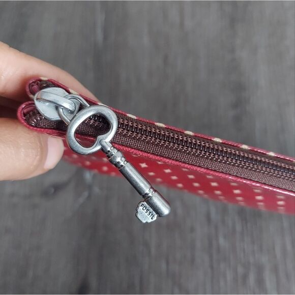 FOSSIL KeyPer Cosmetic Case Clutch Bag Coated Canvas Red Zip Pouch - Picture 3 of 6